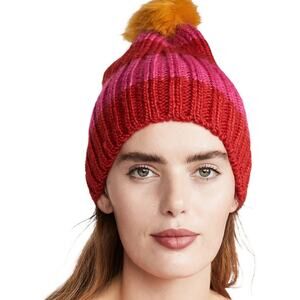 Hat Attack Red Pink Striped Knit Real Fur Pom Pom Beanie Cap winter NWT Barbie